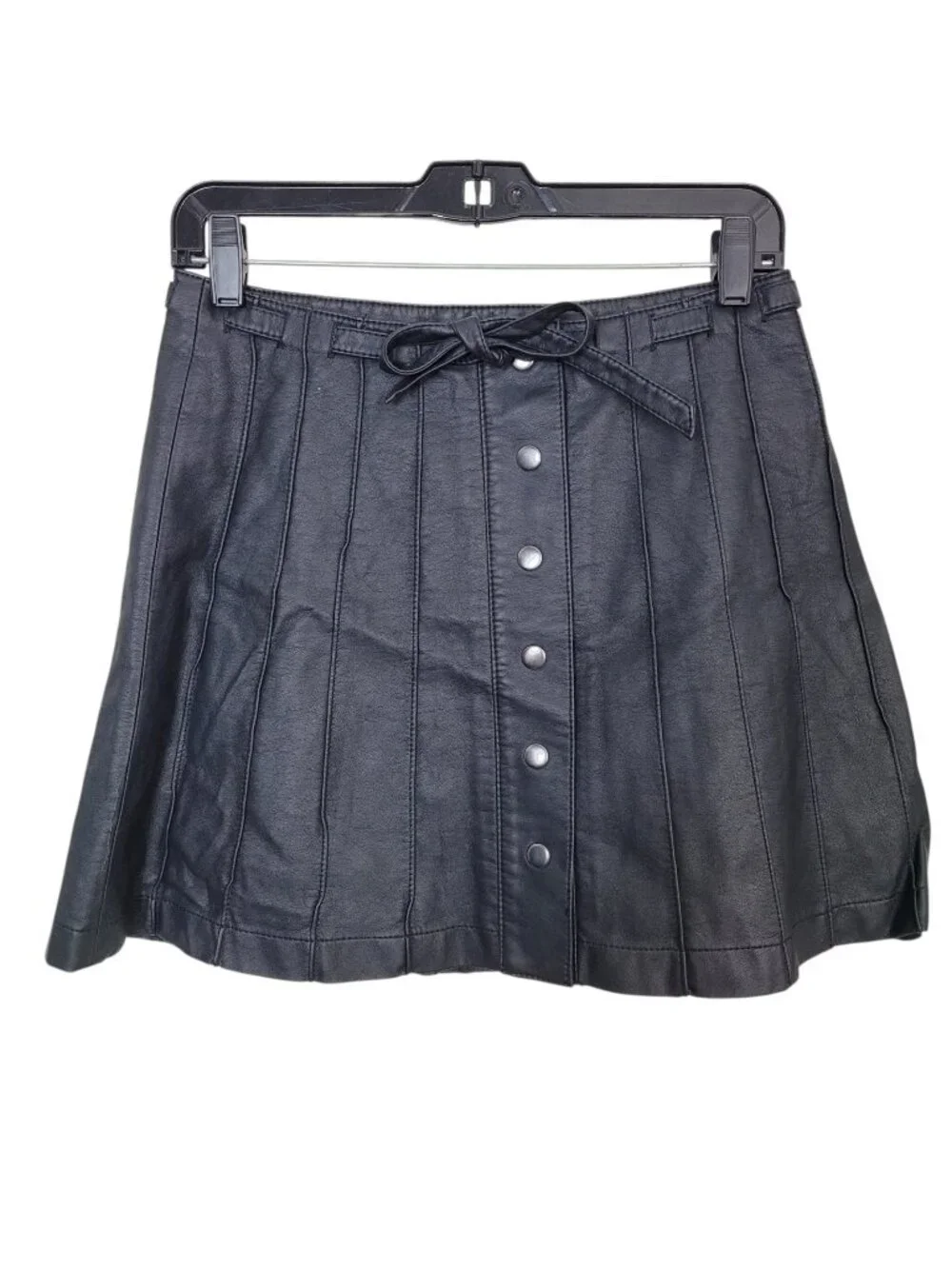 Free People Vegan Faux Leather Mini Skirt Black Snap Front Tie Waist Size 8 NWT